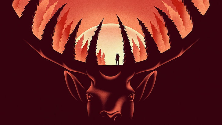 siluet manusia di poster tanduk rusa, alam, hewan, The Deer Hunter, rusa, film, poster film, tanduk, pemburu, pohon, latar belakang sederhana, Bulan, Wallpaper HD