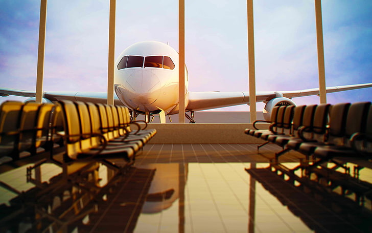 avion, avion de passagers, chaise, aéroport, vide, fenêtre, tuiles, nuages, réflexion, lumière du soleil, salon d'aéroport, Fond d'écran HD