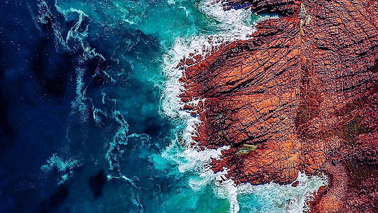 вода, скалы, волны, вид дронов, вид с воздуха, побережье, береговая линия, фотография дронов, HD обои HD wallpaper