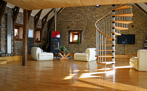 escadas em espiral marrom e cinza, escadas, design de interiores, superfície de madeira, HD papel de parede HD wallpaper