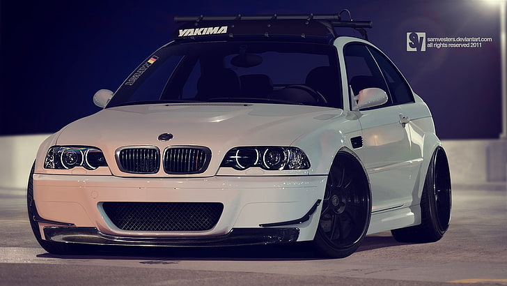 BMW E46 M3 coupé bianco su strada superiore nera, e46, BMW, coupé, E-46, BMW M3, auto, macchine bianche, veicolo, Sfondo HD