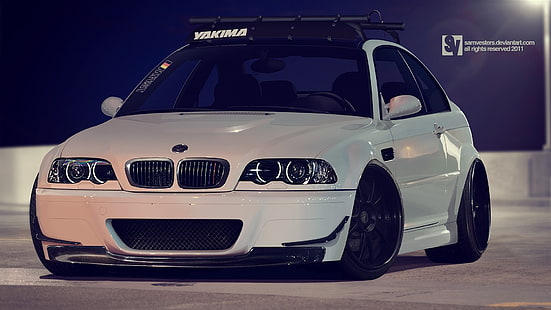 blanco BMW E46 M3 coupe en carretera superior negra, e46, BMW, coupé, E-46, BMW M3, automóvil, automóviles blancos, vehículo, Fondo de pantalla HD HD wallpaper