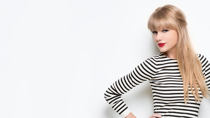 Taylor Swift, celebrity, blonde, singer, striped clothing, red lipstick, white background, hands on hips, women, HD wallpaper
