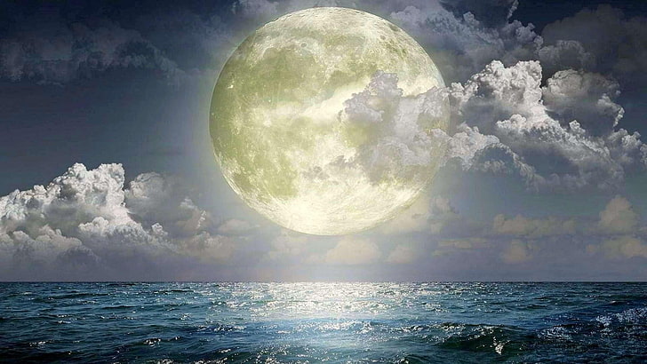 pełnia księżyca, morze, pochmurno, ocean, nocne niebo, Tapety HD