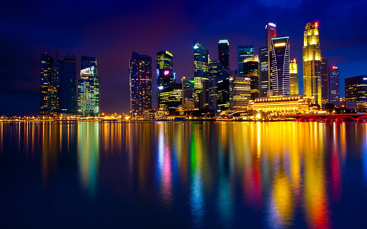 city skylines, singapore, night, lights, reflection, HD wallpaper