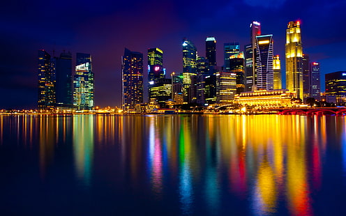city skylines, singapore, night, lights, reflection, HD wallpaper HD wallpaper