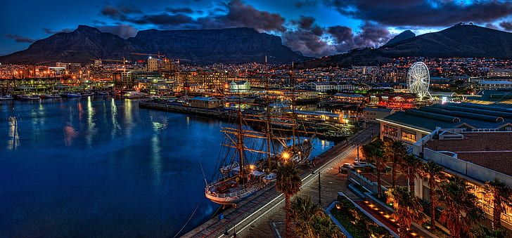 Cidade do Cabo, Table Mountain, África do Sul, mar, beira-mar, nuvens, noite, HDR, HD papel de parede