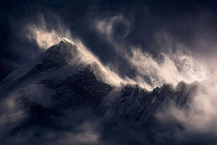 montagna con nebbia sfondo, natura, paesaggio, Tibet, Himalaya, montagne, picco nevoso, luce del sole, nuvole, vento, vertice, Sfondo HD