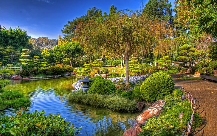 アールバーンズミラージャパニーズ、カリフォルニア、庭、池、小道、低木、花壇、木、アールバーンズミラージャパニーズ、カリフォルニア、アメリカ、 HDデスクトップの壁紙