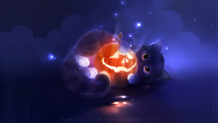 cat and Jack-O'-Lantern illustration, Halloween, Apofiss, artwork, cat, pumpkin, glowing, fantasy art, glowing eyes, animals, HD wallpaper