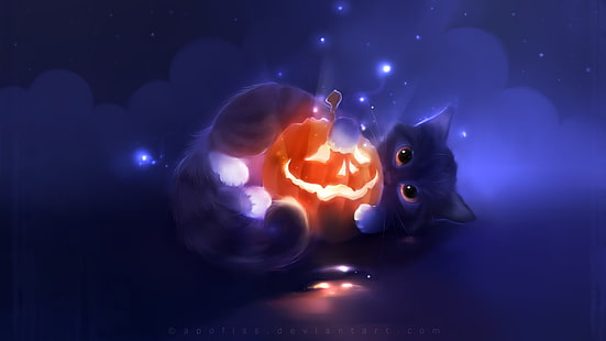 ilustrasi kucing dan Jack-O'-Lantern, Halloween, Apofiss, karya seni, kucing, labu, bercahaya, seni fantasi, mata bersinar, hewan, Wallpaper HD HD wallpaper