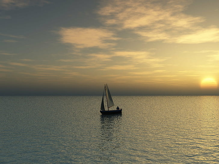 sail boat on body of water during sunset, sunset, sail boat, body of water, sea  water, sailboat, virtual, 3D, Vue, indefinite, sea, nautical Vessel, sailing, summer, nature, water, sky, outdoors, reflection, vacations, HD wallpaper