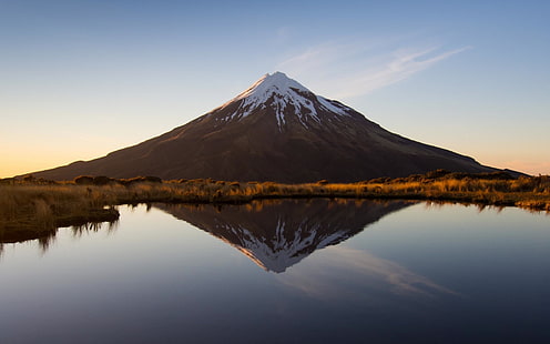 brown mountain, Mount Fuji, landscape, reflection, Japan, volcano, mountains, HD wallpaper HD wallpaper
