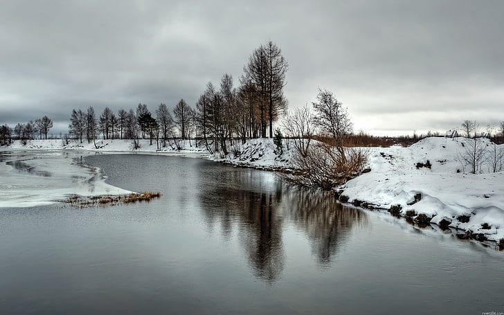Schneefeld Wald, Natur, Fluss, Schnee, gefrorener See, Landschaft, bewölkt, Winter, HD-Hintergrundbild