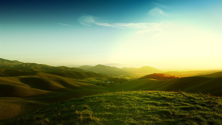 с видом на горы, пейзаж, Калифорния, солнечный свет, поле, природа, трава, восход солнца, небо, HD обои