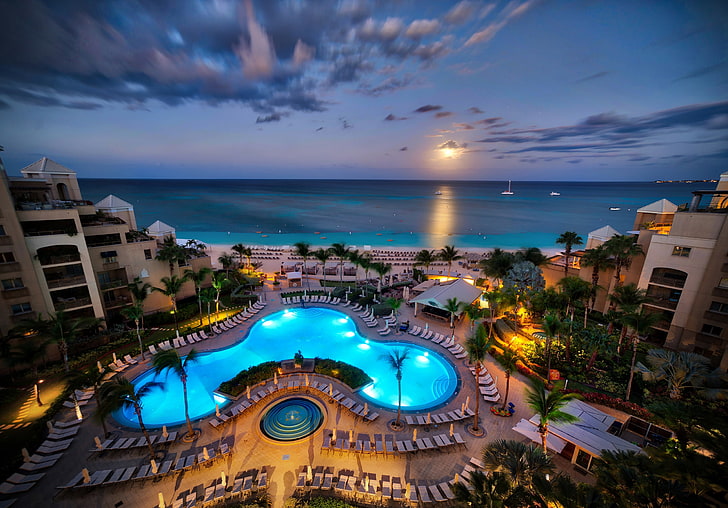 paesaggio spiaggia, mare, spiaggia, cielo, paesaggio, tramonto, luci, tropici, palme, riva, yacht, la sera, piscina, orizzonte, caraibico, hotel, Grand Cayman, Caraibi, Sfondo HD