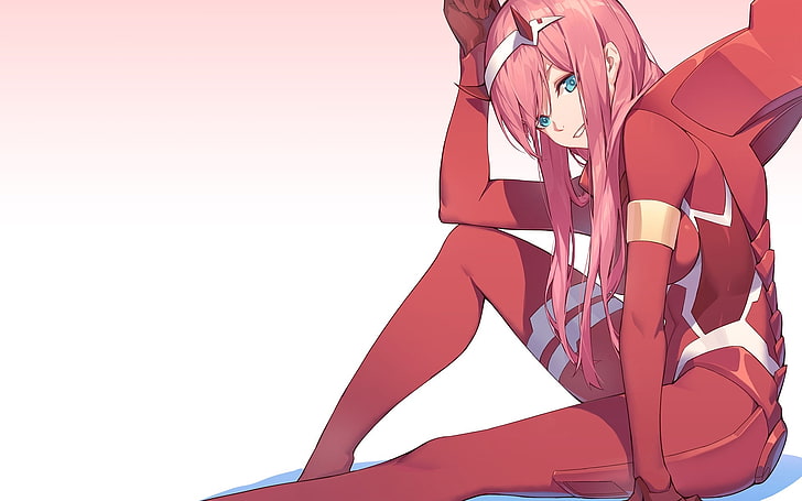Fondo de pantalla digital de personaje de anime femenino de cabello rosado, querida en el franxx, zero two, cabello rosado, traje, Anime, Fondo de pantalla HD