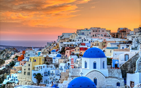 Сгради Гърция Санторини HD, разнообразен цвят на бетонни къщи, сгради, градски пейзаж, Гърция, Санторини, HD тапет HD wallpaper