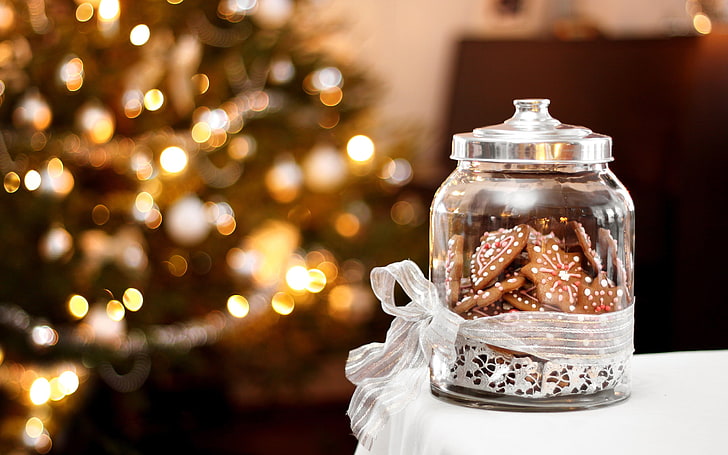 прозрачен стъклен буркан с капак, Коледа, Нова година, бисквитки, празник, боке, панделка, HD тапет