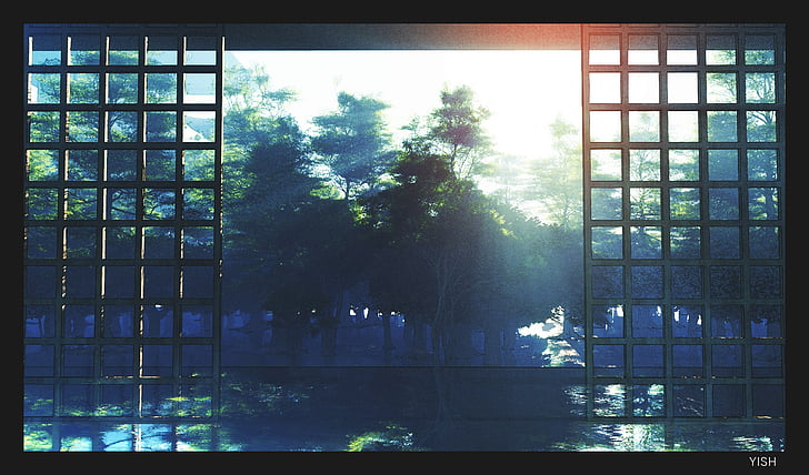 anime, forest, landscape, reflection, river, scenic, sunshine, trees, HD wallpaper