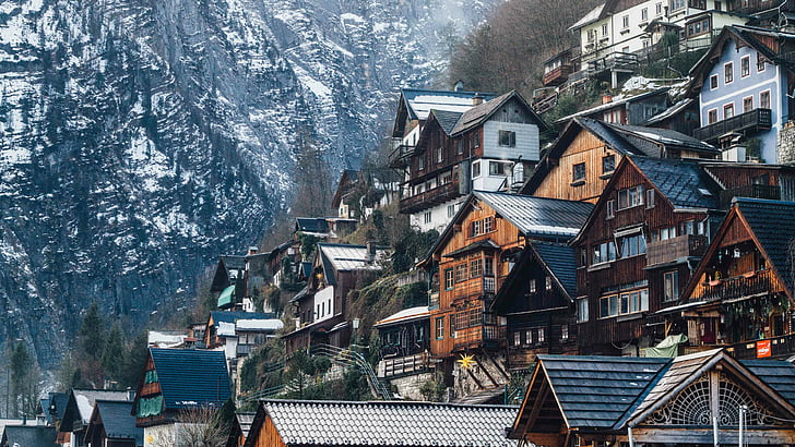 エリア、観光名所、観光、eu、オーストリア、家、家、木、都市、冬、空、ヨーロッパ、山、雪、山の村、ハルシュタット、村、 HDデスクトップの壁紙