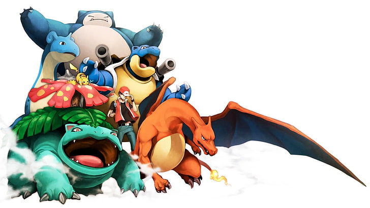 Blastoise, rosso (personaggio), Pikachu, anime, Charizard, Pokemon di prima generazione, sfondo semplice, Pokémon, Sfondo HD