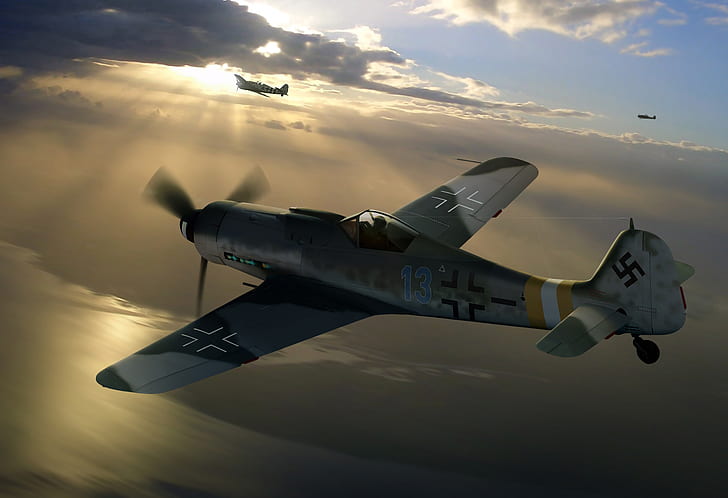 malarstwo, lotnictwo, myśliwiec-jednopłatowiec, WW2, Focke -Wulf, Fw.190D-9, Long-Nose Dora, Tapety HD