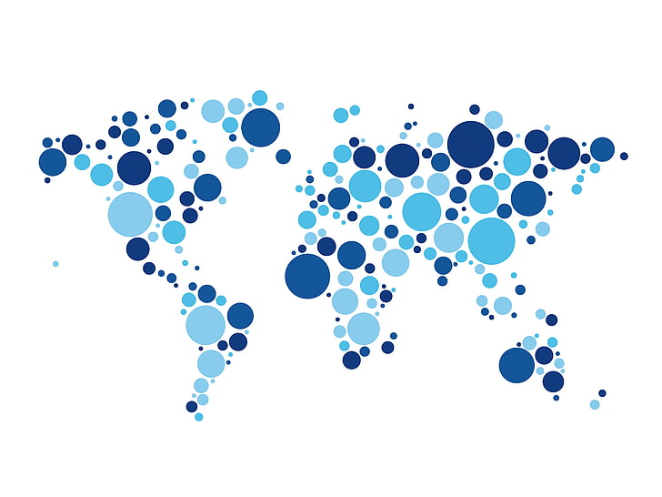 grafika niebieska kropka, świat, mapa, koła, białe tło, Tapety HD