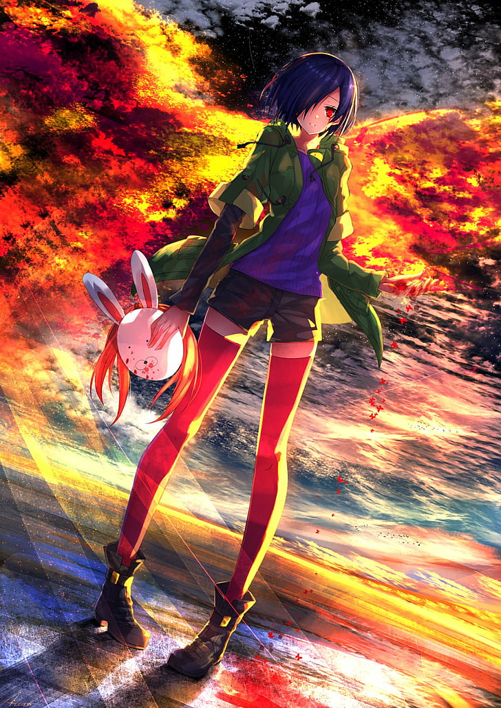 Anime, blood, clouds, eyes, girl, light, red, sun, HD wallpaper |  Wallpaperbetter