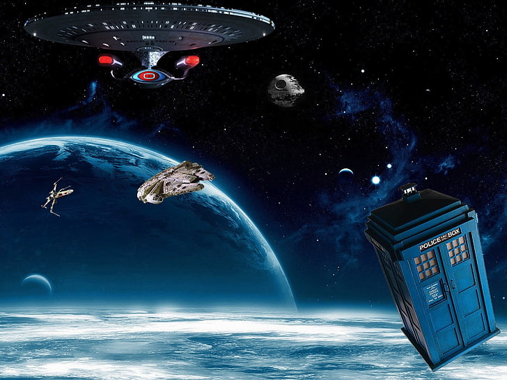 ilustracja statku kosmicznego, statku kosmicznego, TARDIS, Millennium Falcon, Death Star, X-wing, Space Art, science fiction, Tapety HD