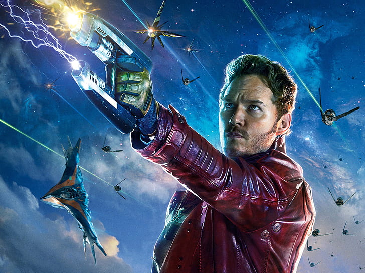 Chris Pratt, guardiões da galáxia, homem em foto de personagem de jaqueta de couro vermelha, Chris, Pratt, guardiões, galáxia, HD papel de parede