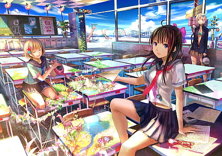 tiga karakter anime wanita, Fuji Choko, pirang, berambut cokelat, seragam sekolah, langit, awan, meja, gadis anime, persimpangan kereta api, dasi, anime, karakter asli, sekolah, Wallpaper HD HD wallpaper