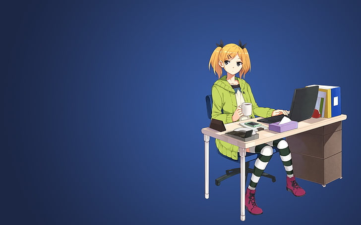 Shirobako, anime, anime girls, Yano Erika, desk, HD wallpaper
