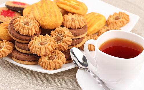 piatto di biscotti e tazza da tè in ceramica bianca, biscotti, tè, torte tazza, Sfondo HD HD wallpaper