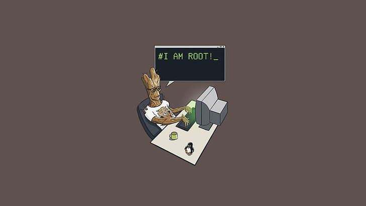 Groot иллюстрации, Groot с помощью компьютера и сидя на стуле, Groot, минимализм, простой фон, Linux, Компьютерщик, юмор, компьютер, бежевый, бежевый фон, HD обои