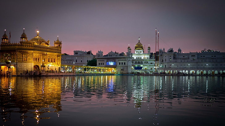 złoty meczet, amritsar, indie, pendżab, miasto, wieczór, świątynia, harmandir sahib, woda, odbicie, Tapety HD