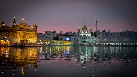 黄金のモスク、アムリトサル、インド、パンジャブ、都市、夜、寺院、ハルマンディルサヒブ、水、反射、 HDデスクトップの壁紙 HD wallpaper