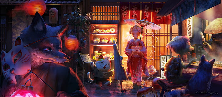 animals, mask, kimono, umbrella, original characters, lantern, food, fox, turtle, anime girls, anime, 2013 (Year), HD wallpaper