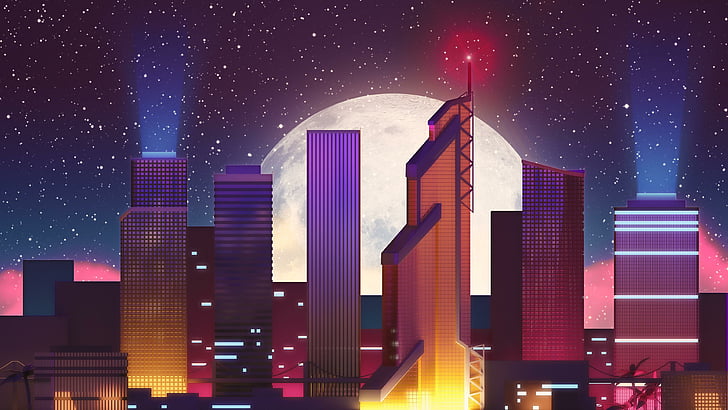 bloque de pisos, diseño, ilustración, arte digital, década de 1980, retro, edificio, iluminación, noche estrellada, retroceso, metrópoli, horizonte, cielo, estilo retro, años 80, ciudad, paisaje urbano, púrpura, sintetizador, rascacielos, Fondo de pantalla HD