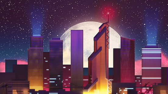 башенный блок, дизайн, произведения искусства, цифровое искусство, 1980-е годы, ретро, ​​здание, освещение, звездная ночь, микроволновая печь, мегаполис, горизонт, небо, ретро-стиль, 80-е годы, город, городской пейзаж, фиолетовый, synthwave, небоскреб, HD обои HD wallpaper