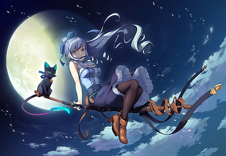 kot, dziewczyna, noc, księżyc, czarownica, miotła, anime, grafika z gier, Deep One, Tapety HD HD wallpaper