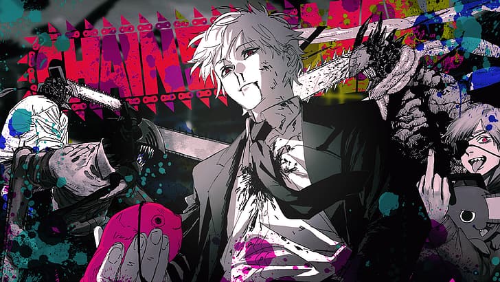 Denji (Chainsaw Man), Pochita (Chainsaw Man), Chainsaw Man, colorful, middle finger, blood covered body, eyepatches, HD wallpaper