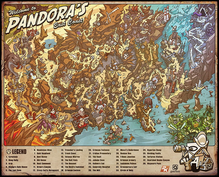 map, Borderlands, detailed, East Coast, Pandoras, HD wallpaper