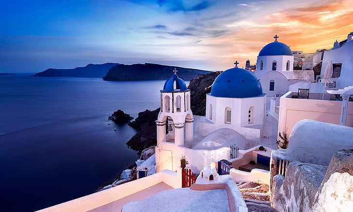 Morze Egejskie, kościół, wybrzeże, grecja, oia, skały, santorini, morze, Tapety HD