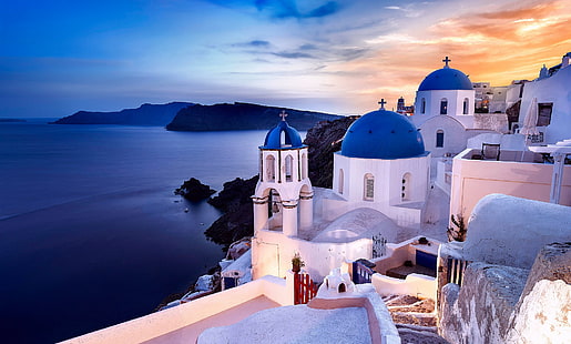 aegean, church, coast, greece, oia, rocks, santorini, sea, HD wallpaper HD wallpaper