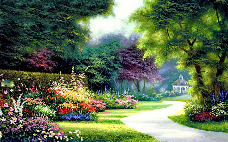 فنية ، لوحة ، ملونة ، زهرة ، أكشاك ، مسار ، ربيع ، شجرة، خلفية HD