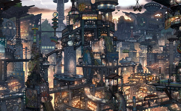 Cidade de fantasia, ilustração de edifícios cinza e preto, Artístico, Fantasia, Cidade, HD papel de parede