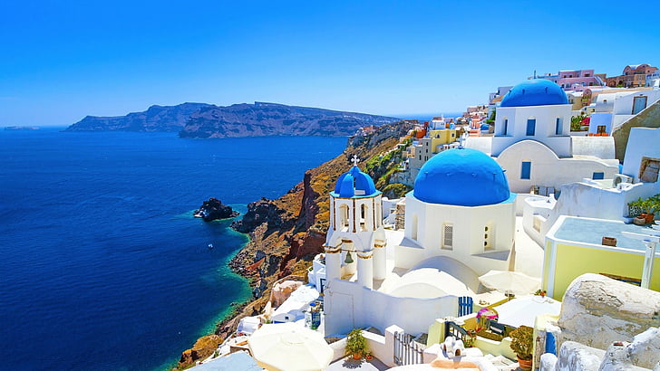 Towns, Santorini, Architecture, Greece, House, Ocean, Sea, Town, HD wallpaper