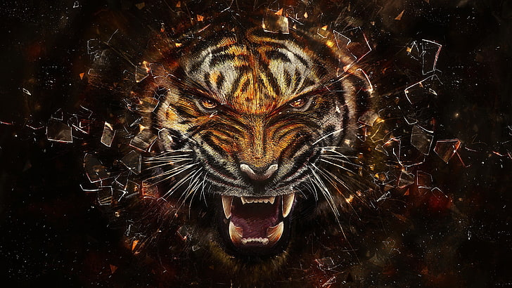 tiger portrait wallpaper, tiger, abstract, animals, digital art, shattered, artwork, roar, HD wallpaper