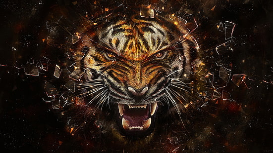 sfondo ritratto di tigre, tigre, compendio, animali, arte digitale, frantumato, opera d'arte, ruggito, Sfondo HD HD wallpaper